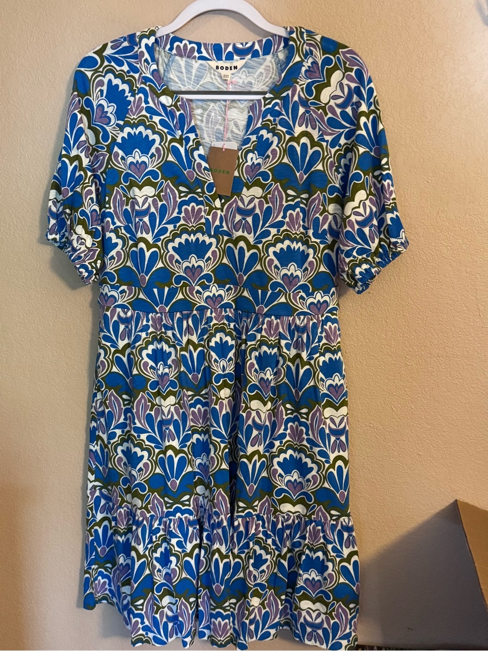 Boden Blue & Green Floral-Print Mini Dress with POCKETS!